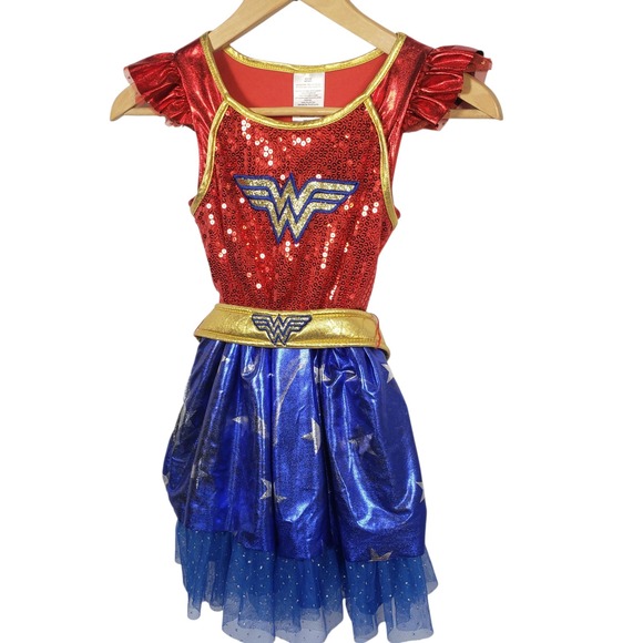 Wonder Woman Dress Up Costume Sparkly Sequin Skirt Girls Size Medium 7-8 - Picture 1 of 12